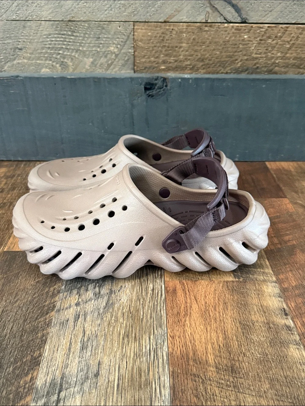 CROCS Slip-On Clogs in Taupe with Dark Brown Strap. Run a little big.